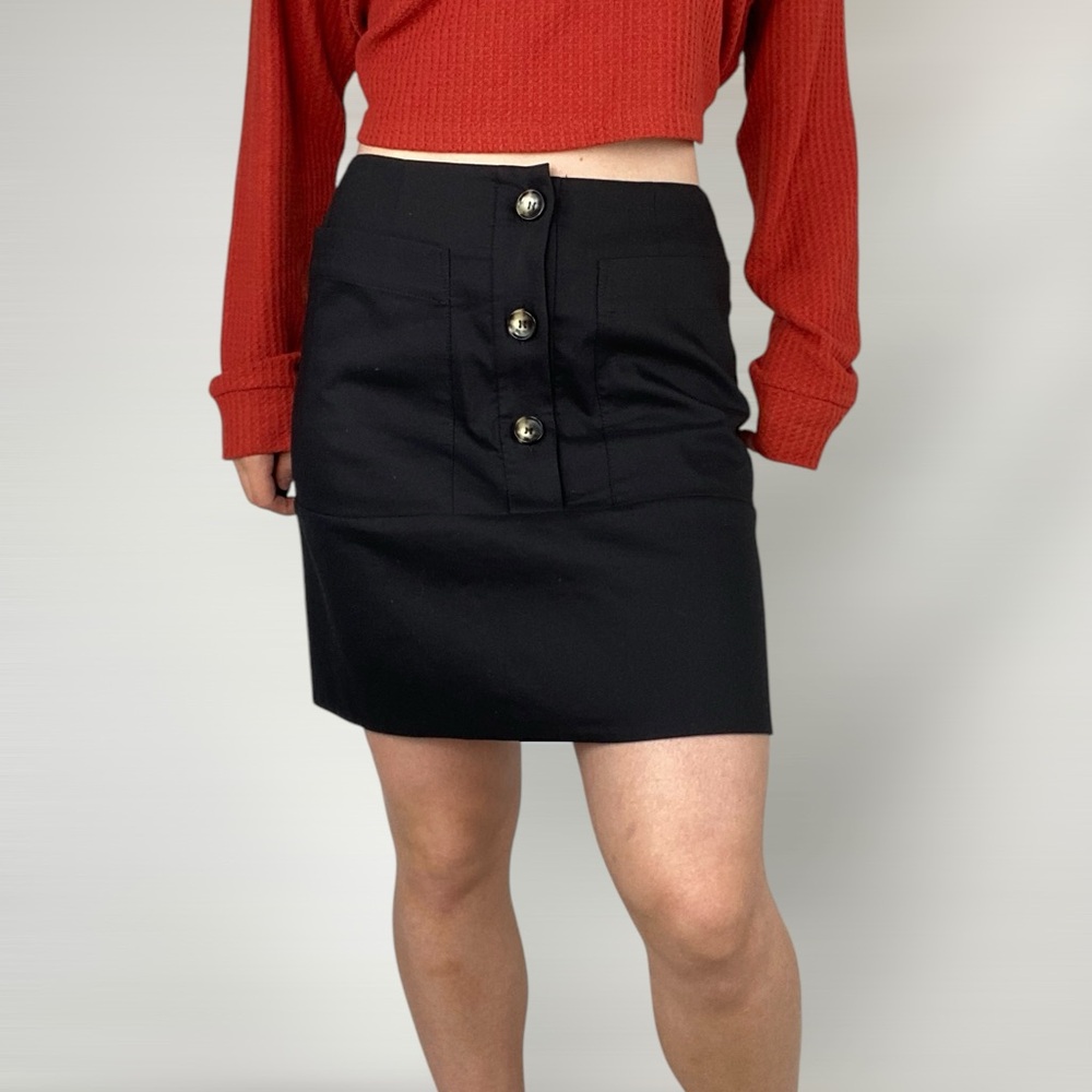 CUE Button Mini Skirt High Rise Black Chic Streetwear